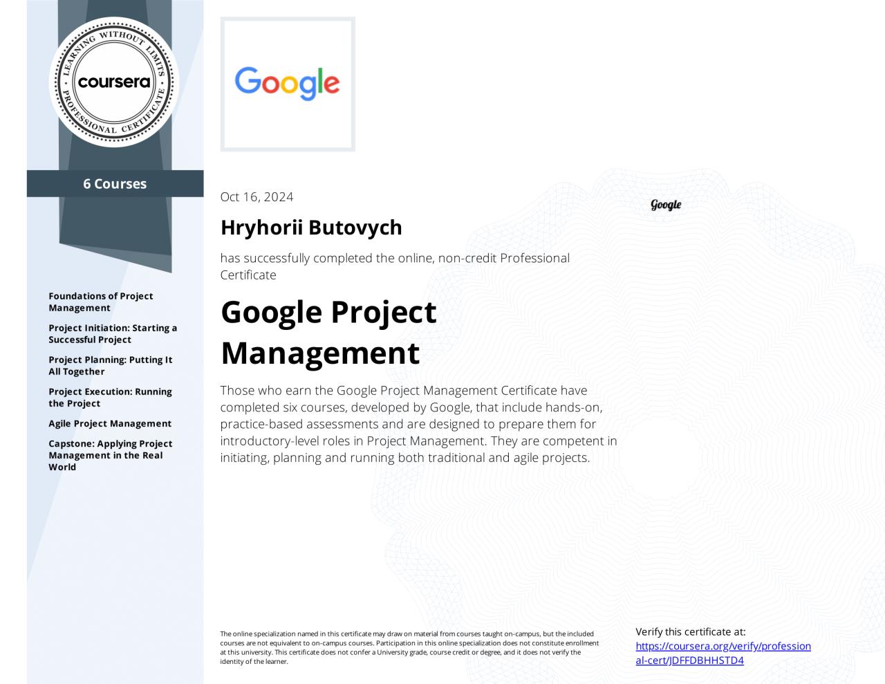 Google Project Management — Professional Certificate