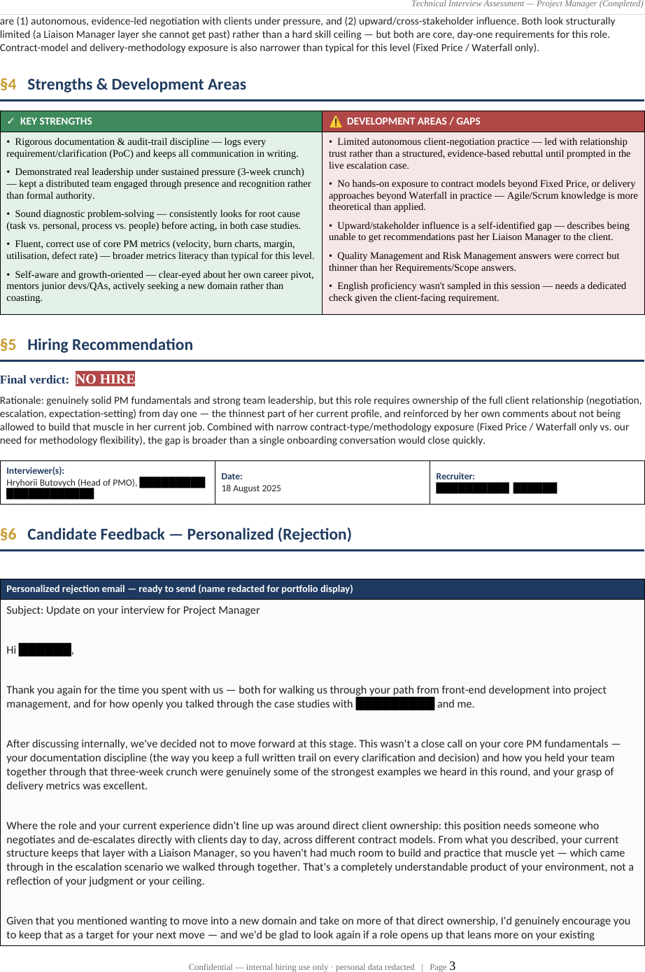 AI technical interview assessment — strengths & development areas, hiring recommendation (redacted)