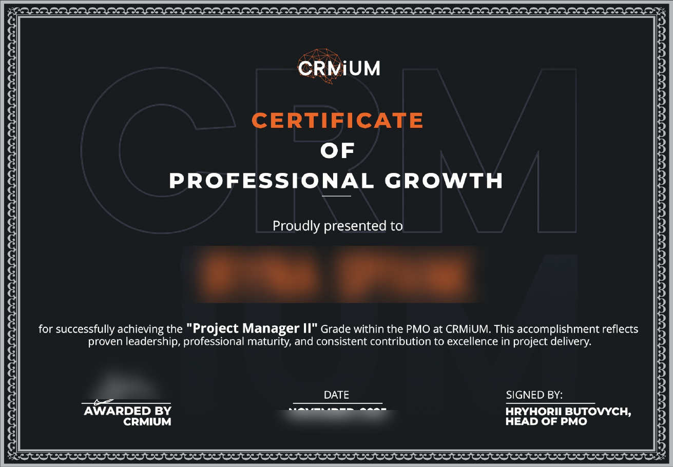 Certificate of Professional Growth — awarded on every promotion, designed by Gregory himself